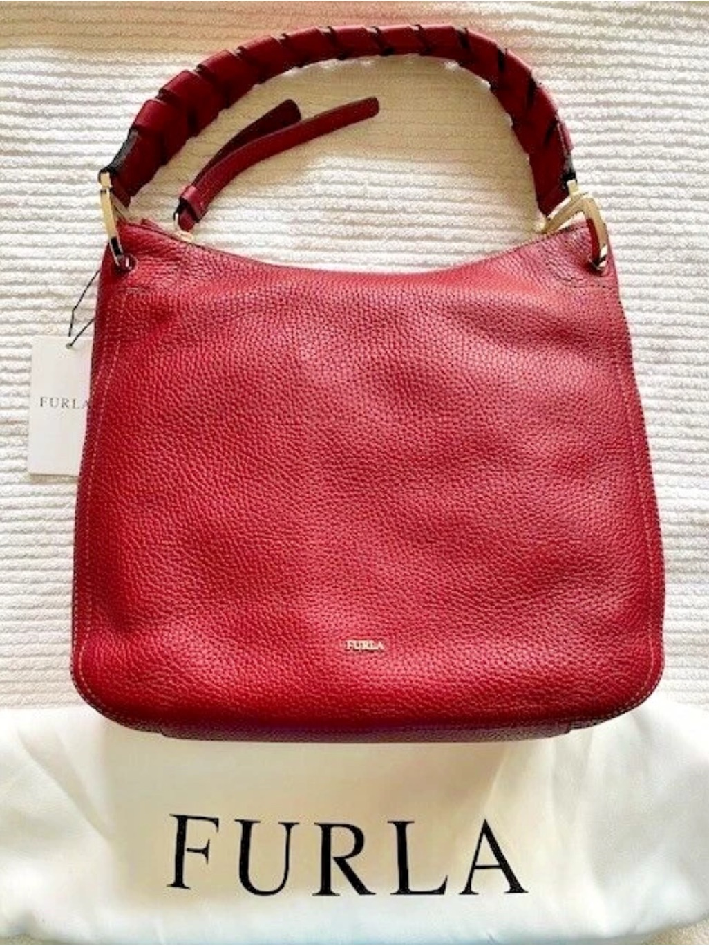 Nwot Furla Red Pebbled Leather Hobo With Braided Strap